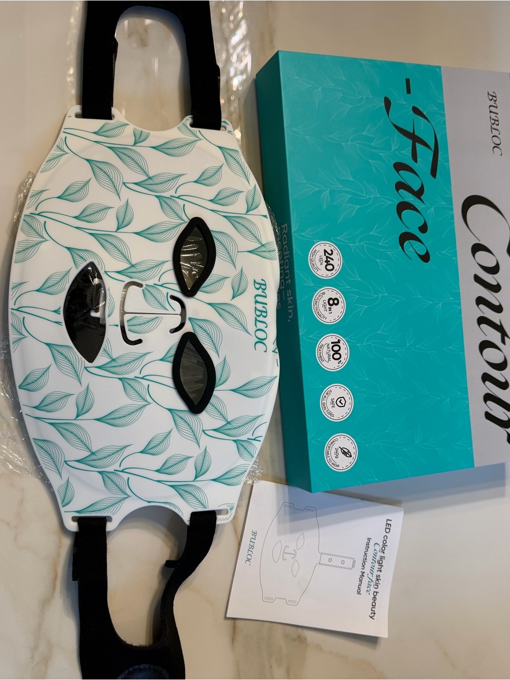 Bubbloc Contour LED Face Mask - White with Teal Leaf Print